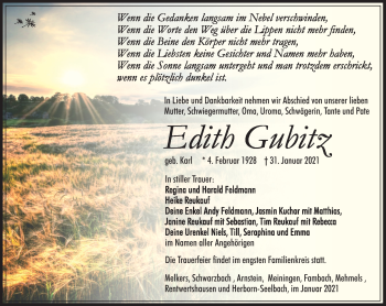 Traueranzeige von Edith Gubitz von Südthüringer Presse