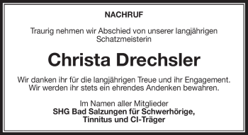 Traueranzeige von Christa Drechsler von Südthüringer Presse