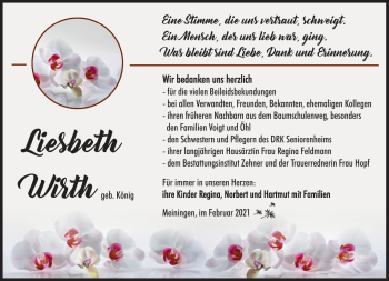 Traueranzeige von Liesbeth Wirth von Südthüringer Presse