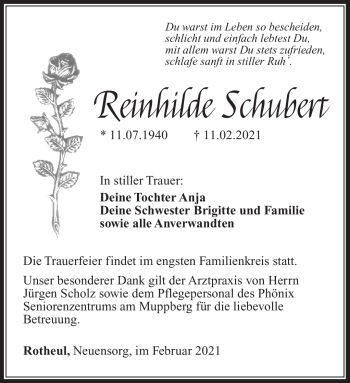 Traueranzeige von Reinhilde Schubert von Südthüringer Presse