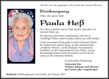 Traueranzeige von Paula Heß von Südthüringer Presse