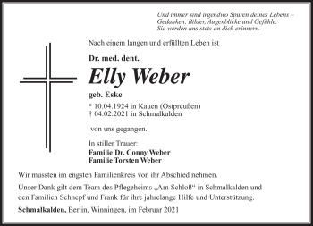 Traueranzeige von Elly Weber von Südthüringer Presse