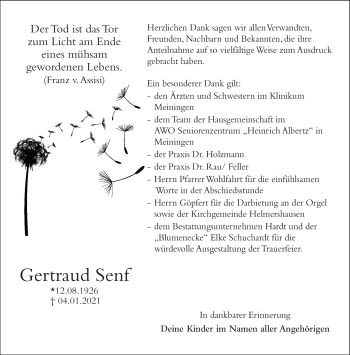 Traueranzeige von Gertraud Senf von Südthüringer Presse