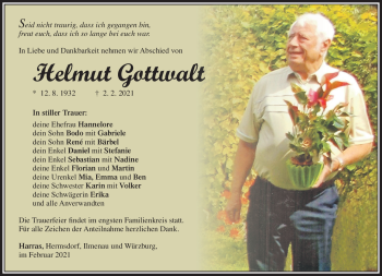 Traueranzeige von Helmut Gottwalt von Südthüringer Presse