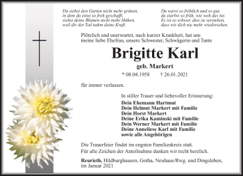 Traueranzeige von Brigitte Karl von Südthüringer Presse