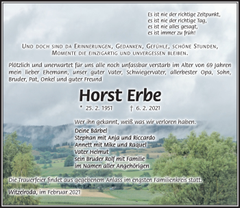 Traueranzeige von Horst Erbe von Südthüringer Presse