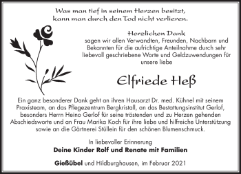 Traueranzeige von Elfriede Heß von Südthüringer Presse