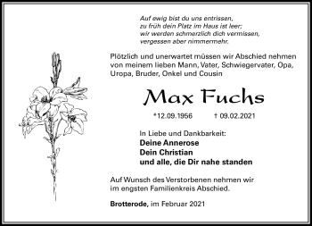 Traueranzeige von Max Fuchs von Südthüringer Presse