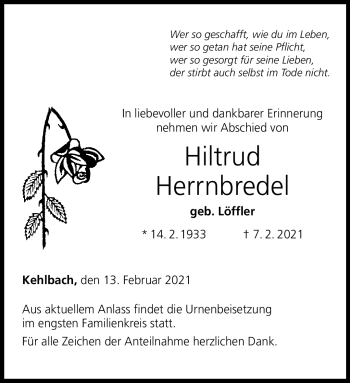 Traueranzeige von Hiltrud Herrnbredel von Neue Presse Coburg