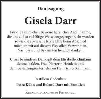 Traueranzeige von Gisela Darr von Südthüringer Presse