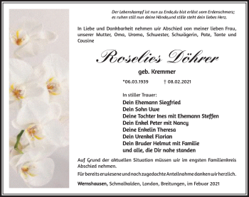 Traueranzeige von Roselies Döhrer von Südthüringer Presse