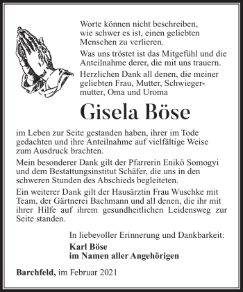 Traueranzeige von Gisela Böse von Südthüringer Presse