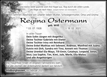 Traueranzeige von Regina Ostermann von Südthüringer Presse