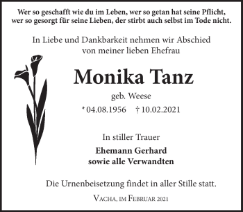 Traueranzeige von Monika Tanz von Südthüringer Presse