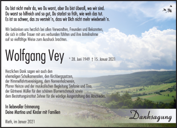 Traueranzeige von Wolfgang Vey von Südthüringer Presse