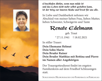 Traueranzeige von Renate Edelmann von Südthüringer Presse