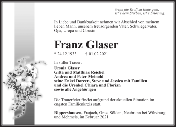 Traueranzeige von Franz Glaser von Südthüringer Presse