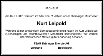 Traueranzeige von Kurt Leipold von Südthüringer Presse