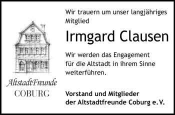 Traueranzeige von Irmgard Clausen von Neue Presse Coburg