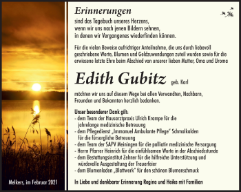 Traueranzeige von Edith Gubitz von Südthüringer Presse