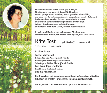 Traueranzeige von Käte Tost von Südthüringer Presse