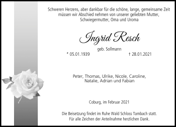 Traueranzeige von Ingrid Resch von Neue Presse Coburg