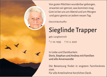 Traueranzeige von Sieglinde Trapper von Frankenpost