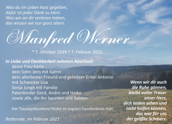 Traueranzeige von Manfred Werner von Südthüringer Presse