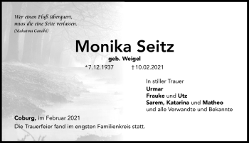Traueranzeige von Monika Seitz von Neue Presse Coburg