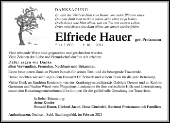 Traueranzeige von Elfriede Hauer von Südthüringer Presse