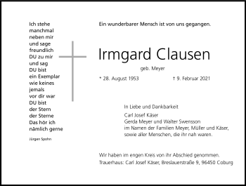 Traueranzeige von Irmgard Clausen von Neue Presse Coburg