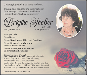 Traueranzeige von Brigitte Seeber von Südthüringer Presse
