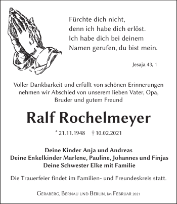 Traueranzeige von Ralf Rochelmeyer von Südthüringer Presse