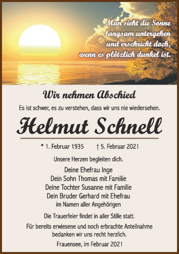 Traueranzeige von Helmut Schnell von Südthüringer Presse