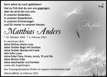 Traueranzeige von Matthias Anders von Südthüringer Presse