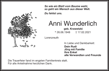 Traueranzeige von Anni Wunderlich von Frankenpost
