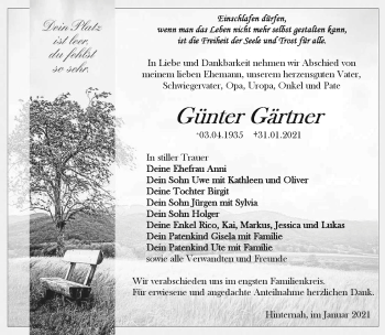 Traueranzeige von Günter Gärtner von Südthüringer Presse