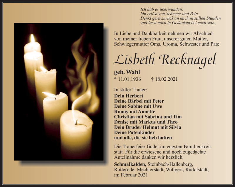  Traueranzeige für Lisbeth Recknagel vom 27.02.2021 aus Südthüringer Presse
