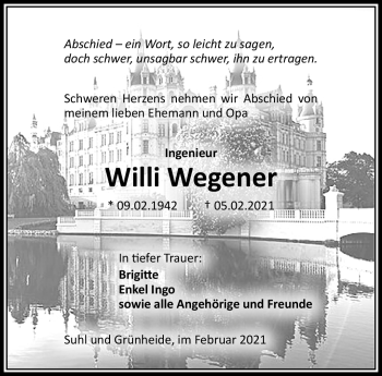 Traueranzeige von Kraft Wegener von Südthüringer Presse