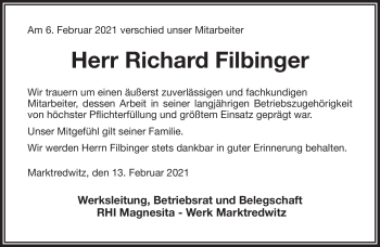 Traueranzeige von Richard Filbinger von Frankenpost