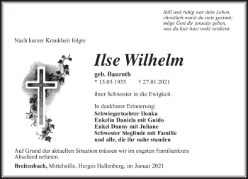 Traueranzeige von Ilse Wilhelm von Südthüringer Presse