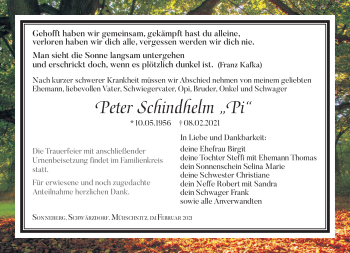 Traueranzeige von Peter Schindhelm von Südthüringer Presse