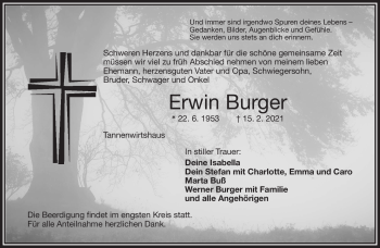 Traueranzeige von Erwin Burger von Frankenpost