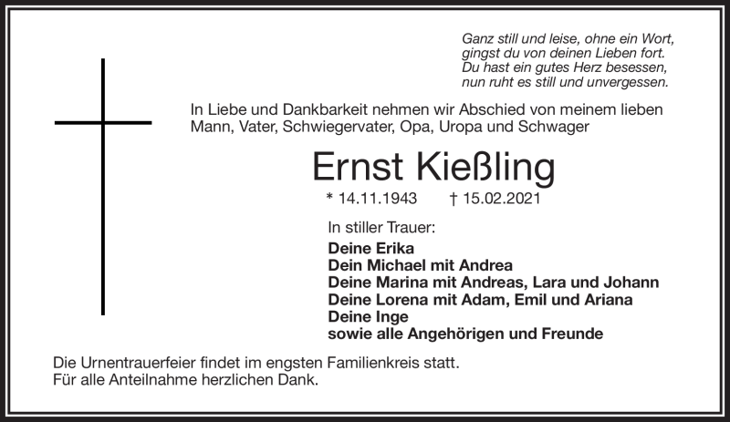  Traueranzeige für Ernst Kießling vom 20.02.2021 aus Frankenpost