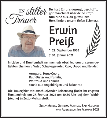 Traueranzeige von Erwin Preiß von Südthüringer Presse