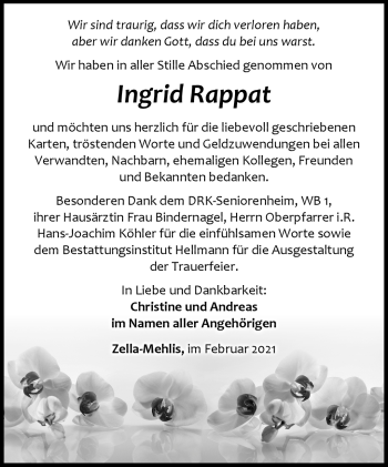 Traueranzeige von Ingrid Rappat von Südthüringer Presse