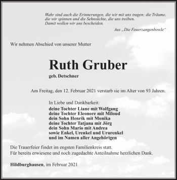 Traueranzeige von Ruth Gruber von Südthüringer Presse
