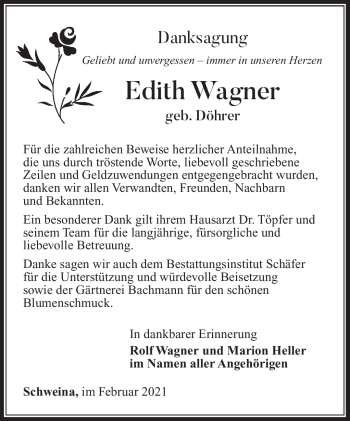 Traueranzeige von Edith Wagner von Südthüringer Presse