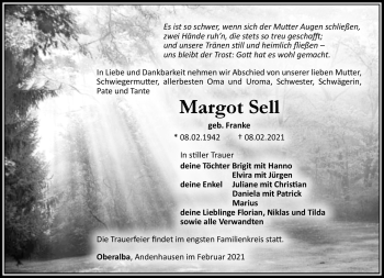 Traueranzeige von Margot Sell von Südthüringer Presse