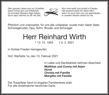 Traueranzeige von Reinhard Wirth von Frankenpost